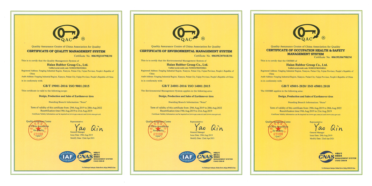 System Certificates of Haian Rubber Group Co.,Ltd.